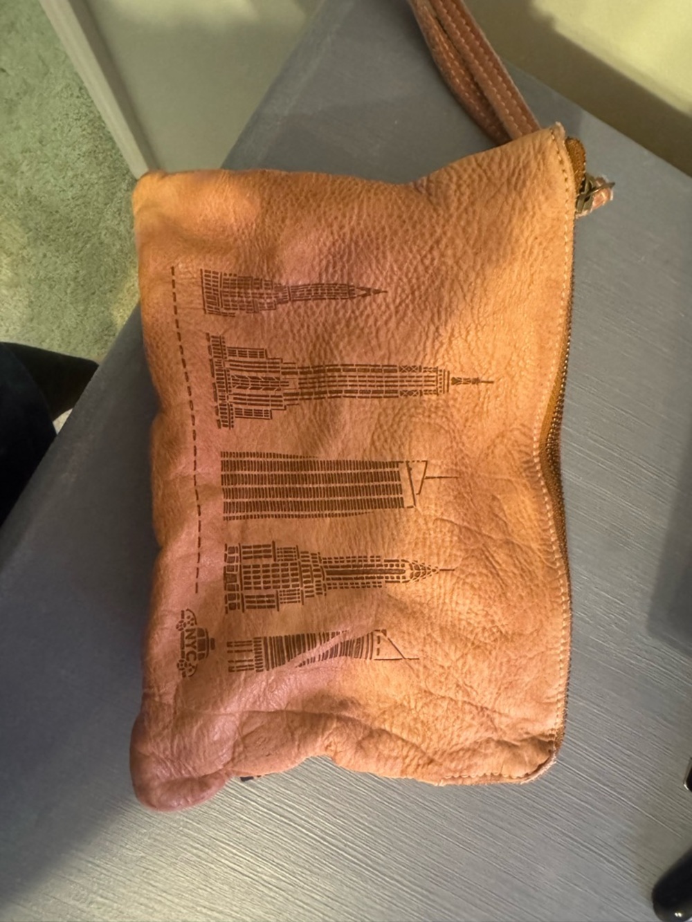 Brown Leather Wristlet Clutch with Skyline Print